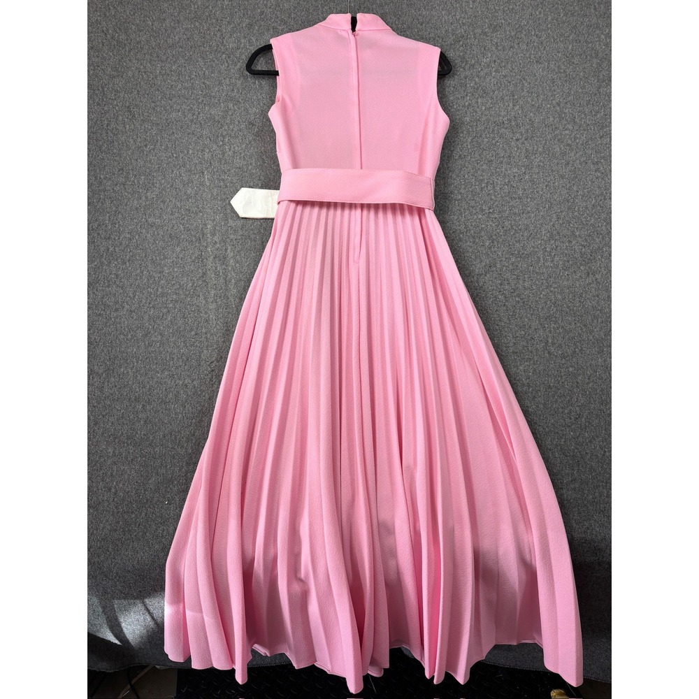 Vintage Emmey Fashions Pink Pleated Maxi Dress Rhinestone Belt Mock Neck - Picture 5 of 8